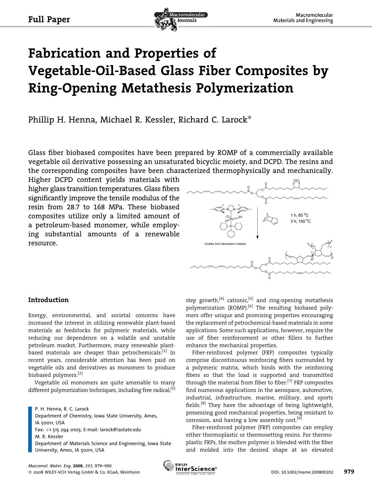 Fabrication and Properties of Vegetable-Oil-Based Glass Fiber Composites by Ring-Opening Metathesis Polymerization by Unknown