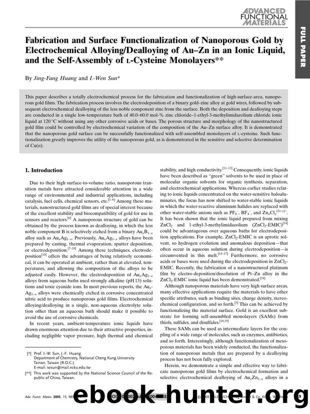 Fabrication and Surface Functionalization of Nanoporous Gold by Electrochemical AlloyingDealloying of Au-Zn in an Ionic Liquid, and the Self-Assembly of L-Cysteine  Monolayers by Unknown