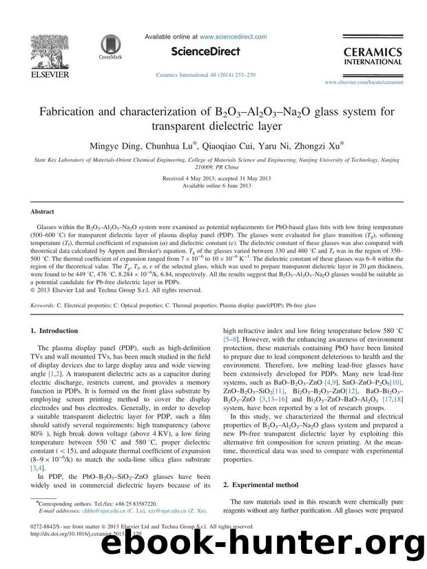 Fabrication and characterization of B2O3âAl2O3âNa2O glass system for transparent dielectric layer by Mingye Ding & Chunhua Lu & Qiaoqiao Cui & Yaru Ni & Zhongzi Xu