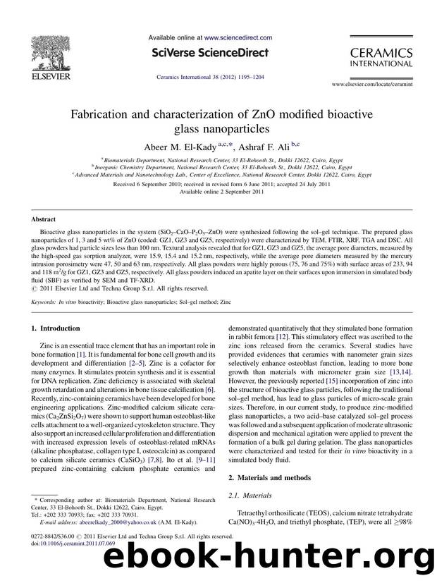 Fabrication and characterization of ZnO modified bioactive glass nanoparticles by Abeer M. El-Kady