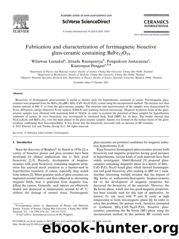 Fabrication and characterization of ferrimagnetic bioactive glass-ceramic containing BaFe12O19 by Wilaiwan Leenakul & Jetsada Ruangsuriya & Pongsakorn Jantaratana & Kamonpan Pengpat