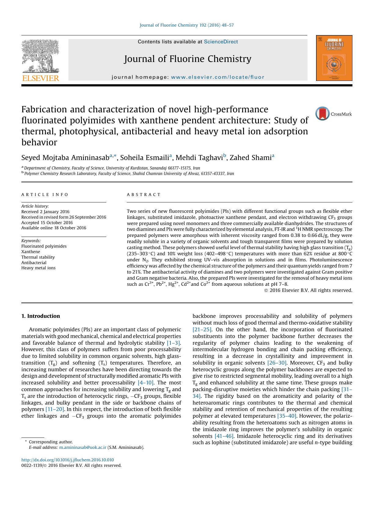 Fabrication and characterization of novel high-performance fluorinated polyimides with xanthene pendent architecture: Study of thermal, photophysical, antibacterial and heavy metal by Seyed Mojtaba Amininasab & Soheila Esmaili & Mehdi Taghavi & Zahed Shami