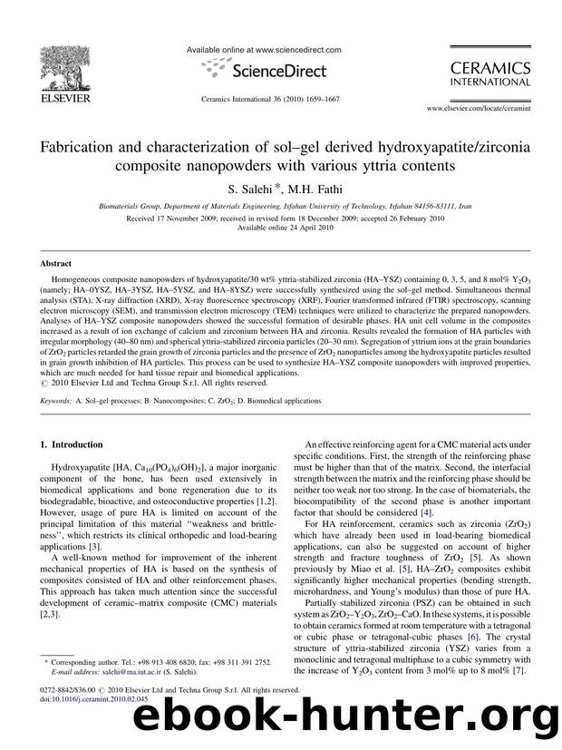 Fabrication and characterization of solÃ¢â¬âgel derived hydroxyapatitezirconia composite nanopowders with various yttria contents by S. Salehi; M.H. Fathi