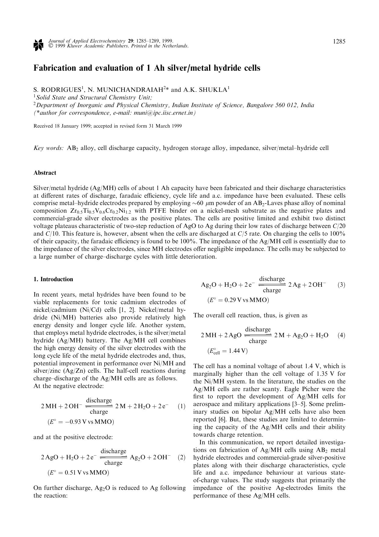 Fabrication and evaluation of 1 Ah silvermetal hydride cells by Unknown