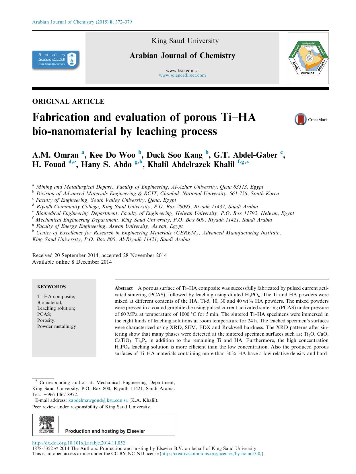 Fabrication and evaluation of porous TiÃ¢â¬âHA bio-nanomaterial by leaching process by unknow