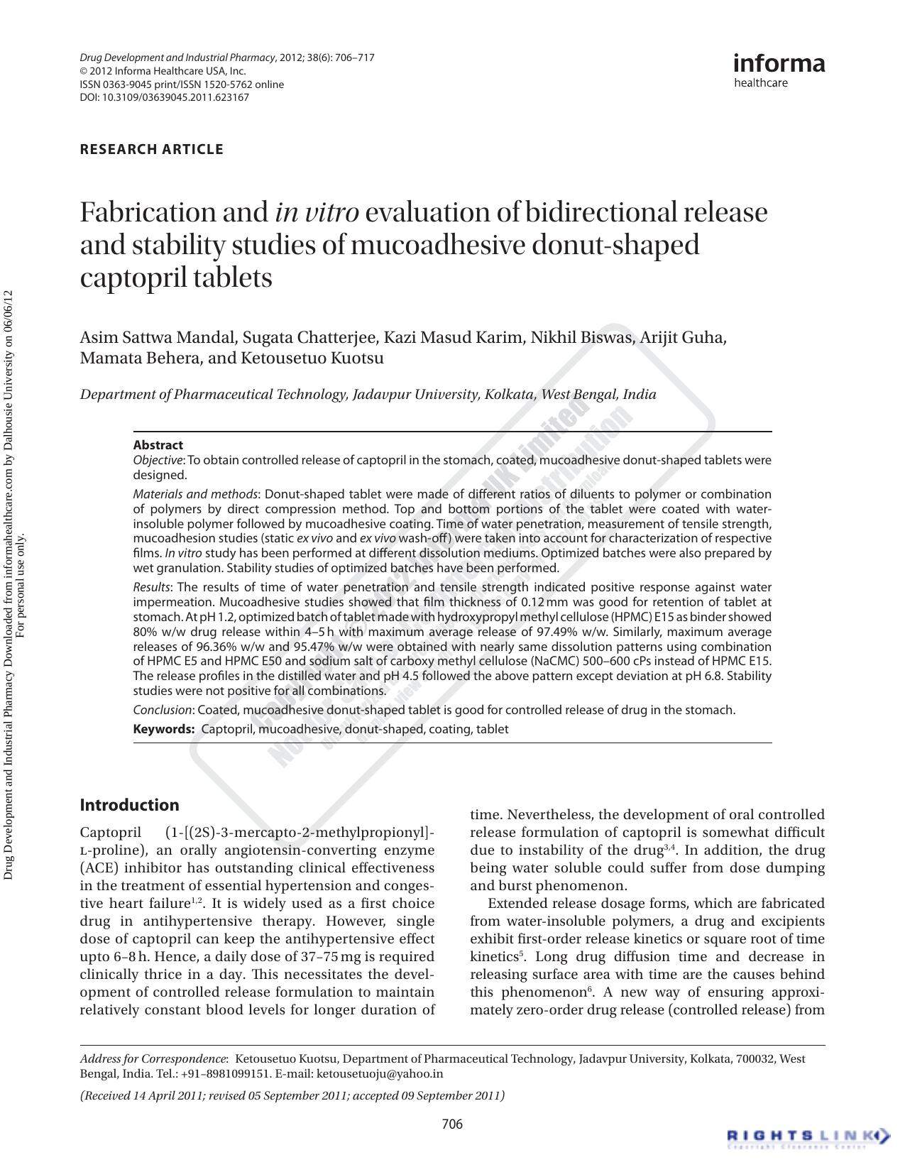 Fabrication and in vitro evaluation of bidirectional release and stability studies of mucoadhesive donut-shaped captopril tablets by unknow