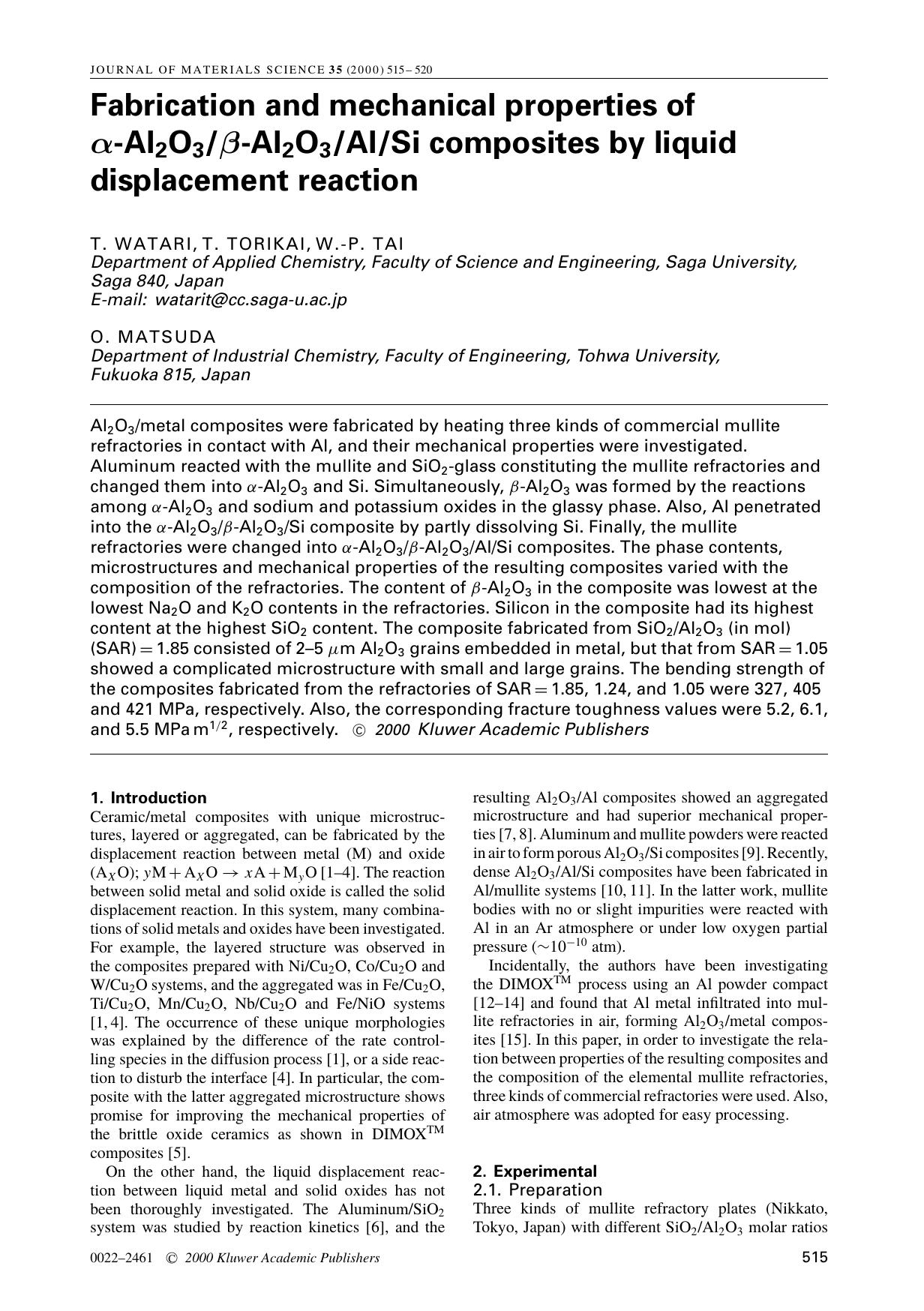 Fabrication and mechanical properties of α-Al2O3β-Al2O3AlSi composites by liquid displacement reaction by Unknown
