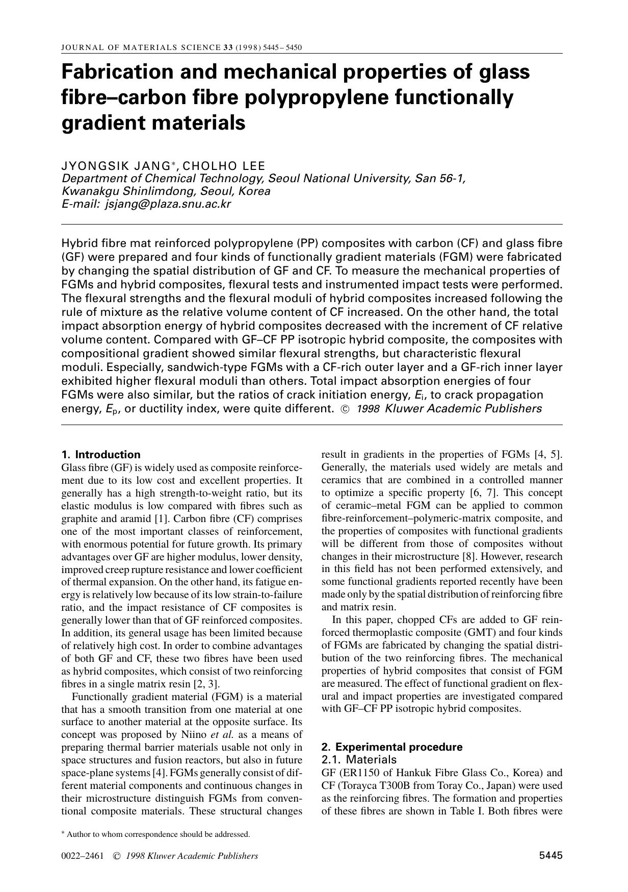 Fabrication and mechanical properties of glass fibre–carbon fibre polypropylene functionally gradient materials by Unknown