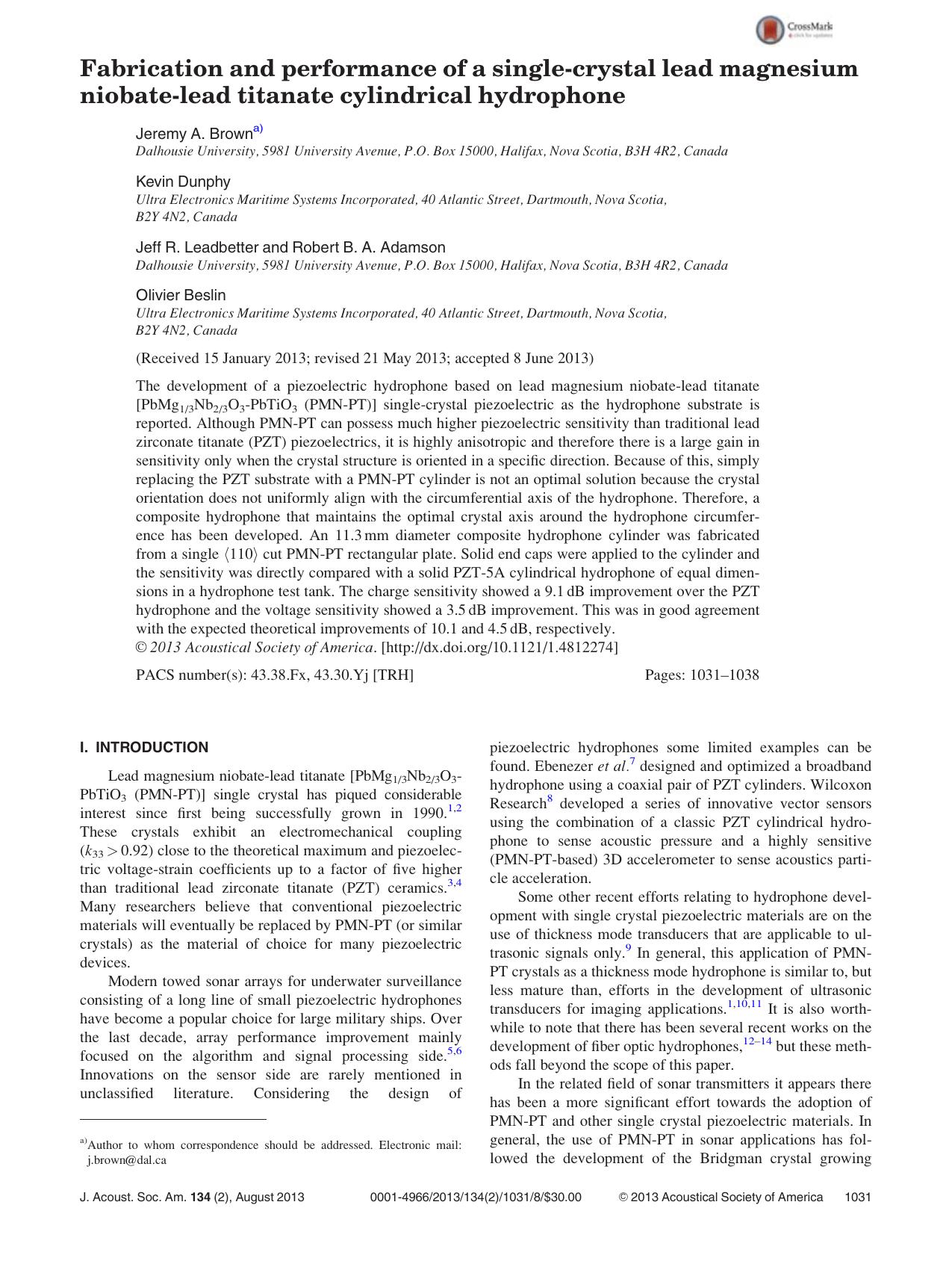 Fabrication and performance of a single-crystal lead magnesium niobate-lead titanate cylindrical hydrophone by Jeremy A. Browna) Kevin Dunphy Jeff R. Leadbetter Robert B. A. Adamson & and Olivier Beslin