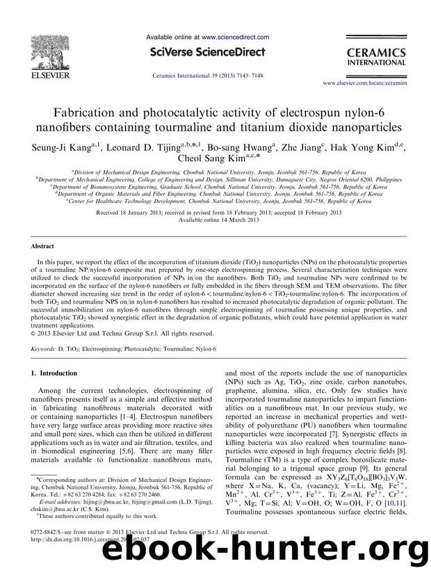 Fabrication and photocatalytic activity of electrospun nylon-6 nanofibers containing tourmaline and titanium dioxide nanoparticles by Seung-Ji Kang & Leonard D. Tijing & Bo-sang Hwang & Zhe Jiang & Hak Yong Kim & Cheol Sang Kim