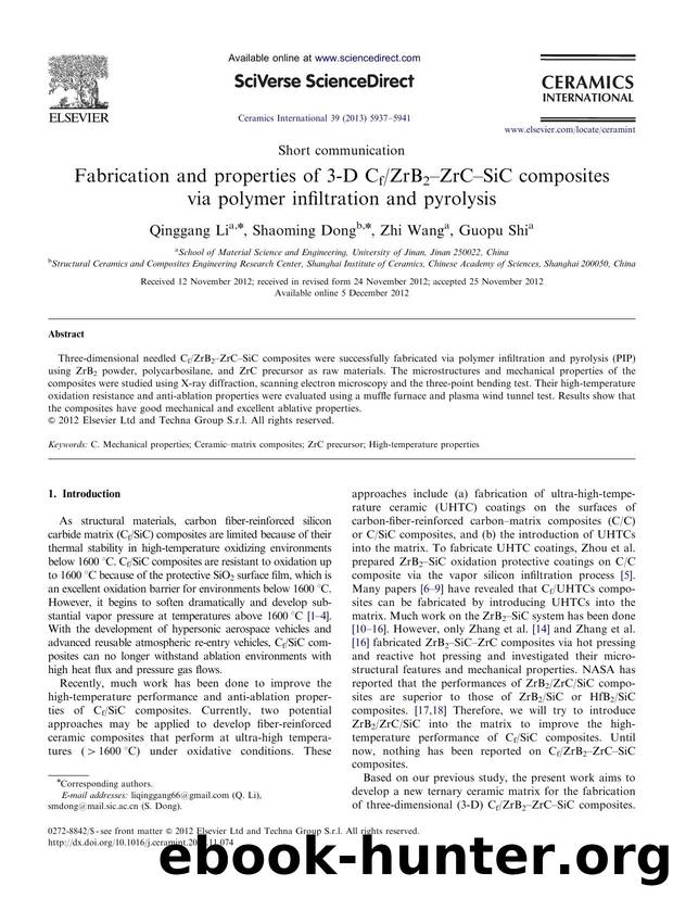 Fabrication and properties of 3-D CfZrB2âZrCâSiC composites via polymer infiltration and pyrolysis by Qinggang Li & Shaoming Dong & Zhi Wang & Guopu Shi
