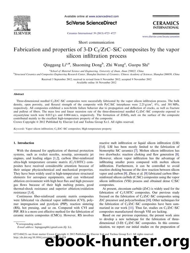 Fabrication and properties of 3-D CfZrCâSiC composites by the vapor silicon infiltration process by Qinggang Li & Shaoming Dong & Zhi Wang & Guopu Shi