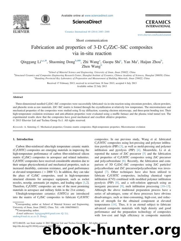 Fabrication and properties of 3-D CfZrCâSiC composites via in-situ reaction by Qinggang Li & Shaoming Dong & Zhi Wang & Guopu Shi & Yan Ma & Haijun Zhou & Zhen Wang