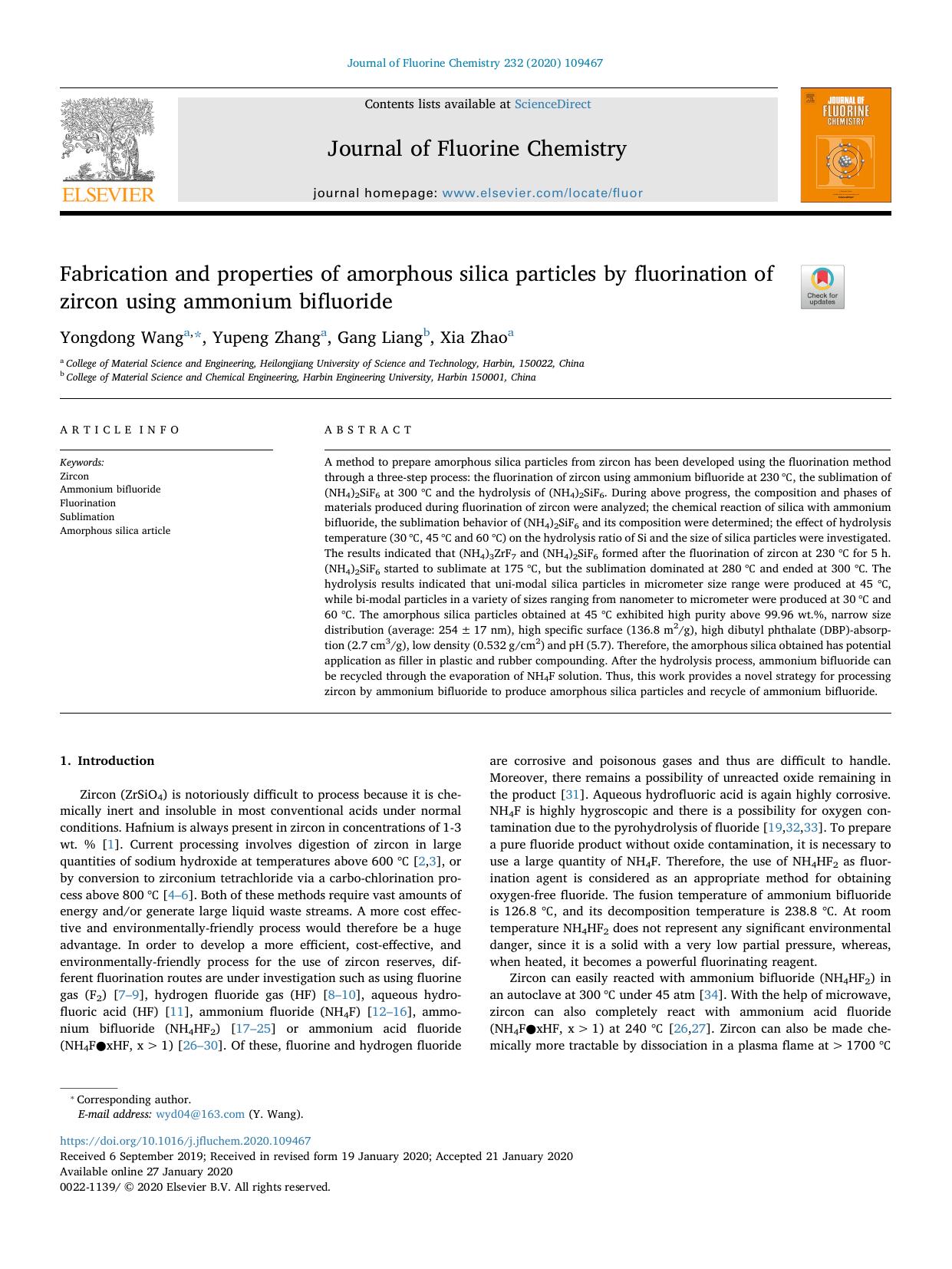 Fabrication and properties of amorphous silica particles by fluorination of zircon using ammonium bifluoride by Yongdong Wang & Yupeng Zhang & Gang Liang & Xia Zhao