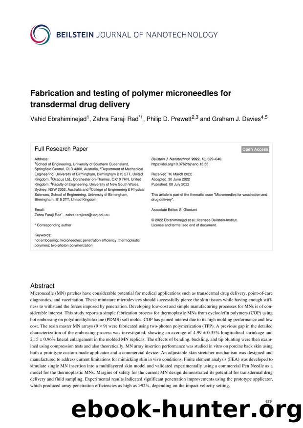 Fabrication and testing of polymer microneedles for transdermal drug delivery by Vahid Ebrahiminejad Zahra Faraji Rad Philip D. Prewett Graham J. Davies