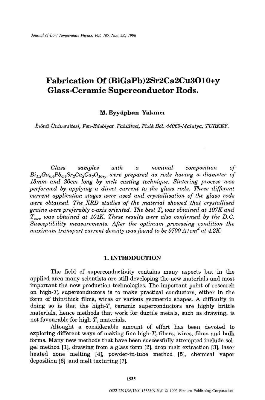 Fabrication of (BiGaPb)2Sr2Ca2Cu3O10+y glass-ceramic superconductor rods by Unknown