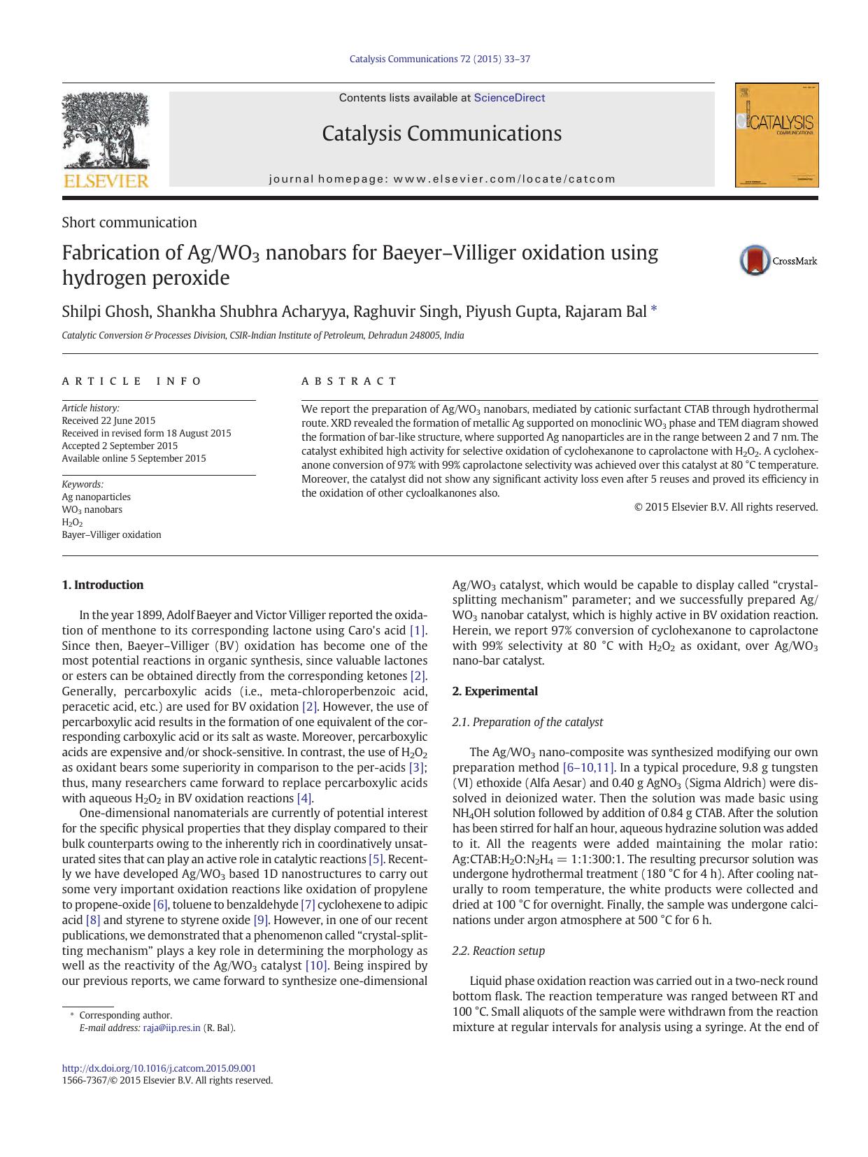 Fabrication of AgWO3 nanobars for BaeyerâVilliger oxidation using hydrogen peroxide by Shilpi Ghosh & Shankha Shubhra Acharyya & Raghuvir Singh & Piyush Gupta & Rajaram Bal