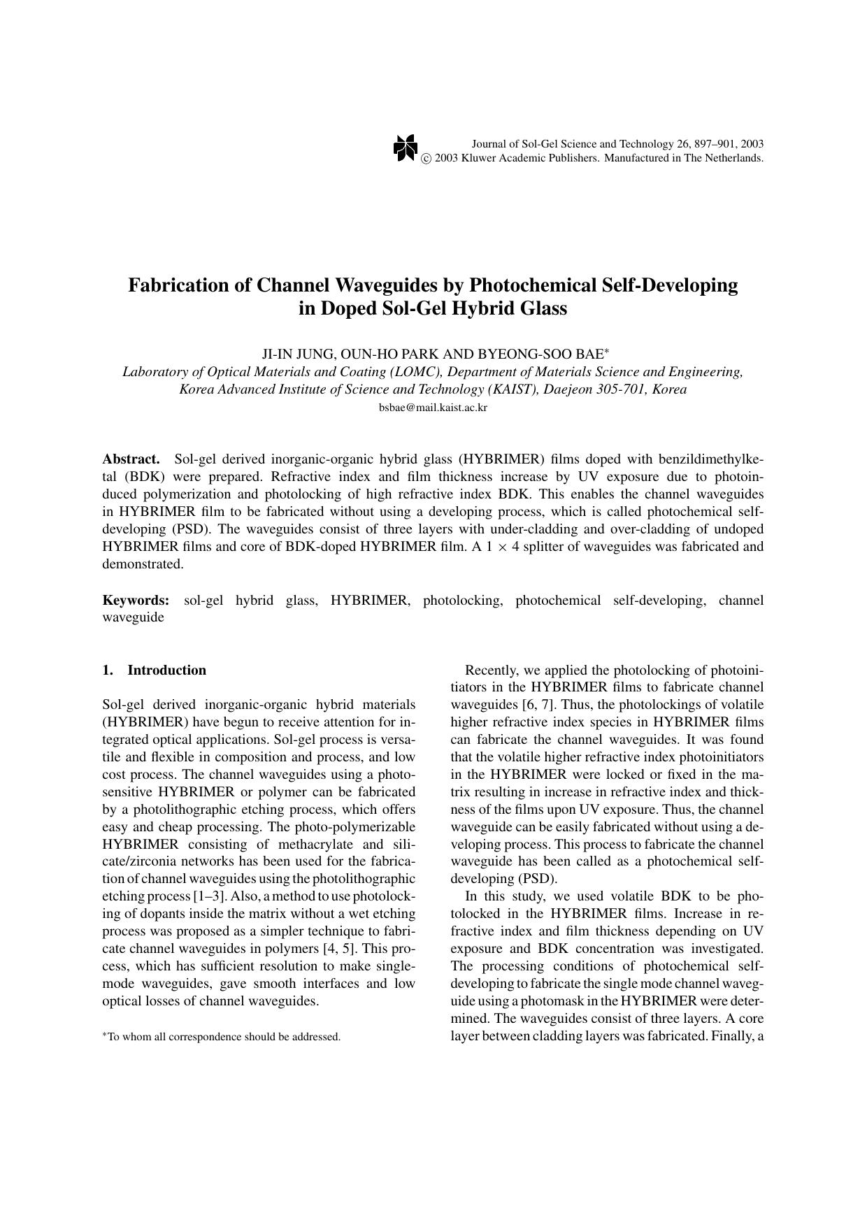 Fabrication of Channel Waveguides by Photochemical Self-Developing in Doped Sol-Gel Hybrid Glass by Unknown