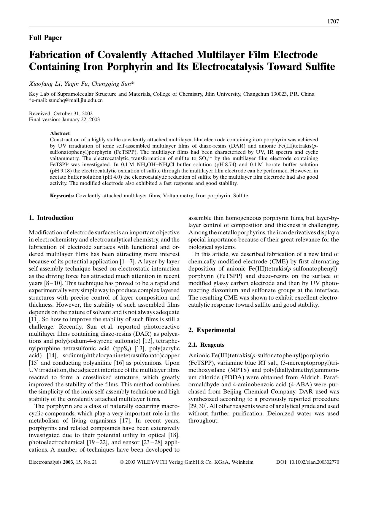 Fabrication of Covalently Attached Multilayer Film Electrode Containing Iron Porphyrin and Its Electrocatalysis Toward Sulfite by Unknown