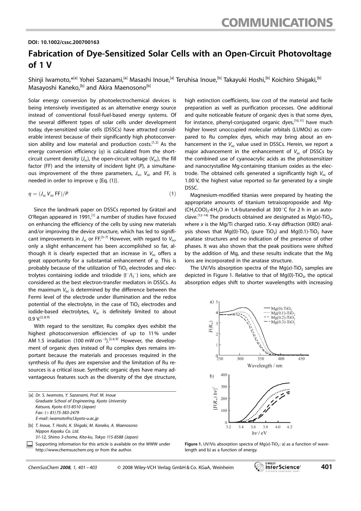 Fabrication of Dye-Sensitized Solar Cells with an Open-Circuit Photovoltage of 1[emsp14]V by Unknown
