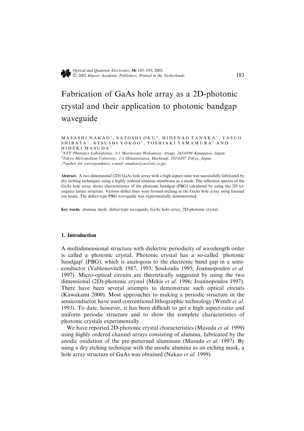 Fabrication of GaAs hole array as a 2D-photonic crystal and their application to photonic bandgap waveguide by Unknown