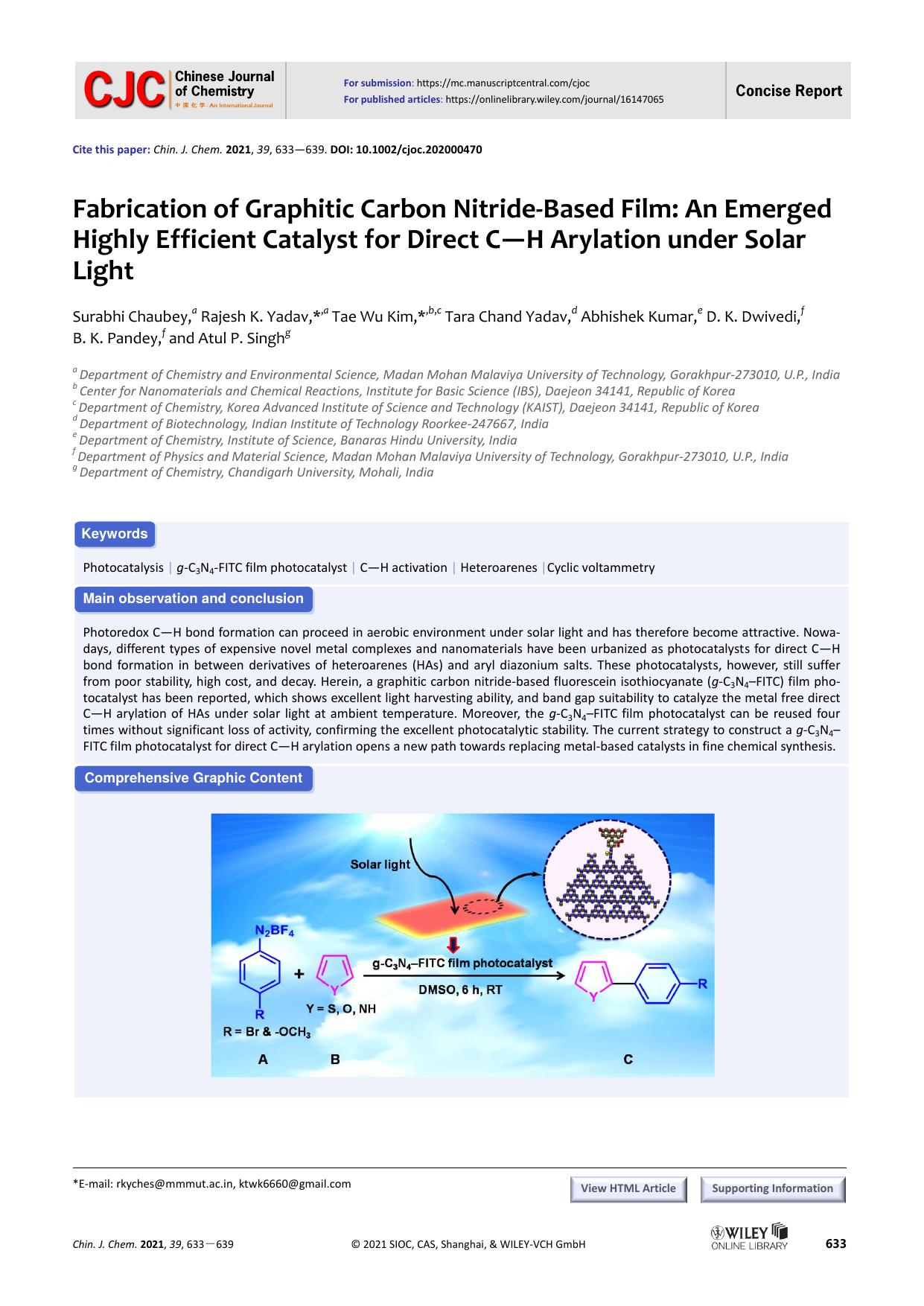 Fabrication of Graphitic Carbon nitride-Based Film: An Emerged Highly Efficient Catalyst for Direct C-H Arylation Under Solar Light by dwf