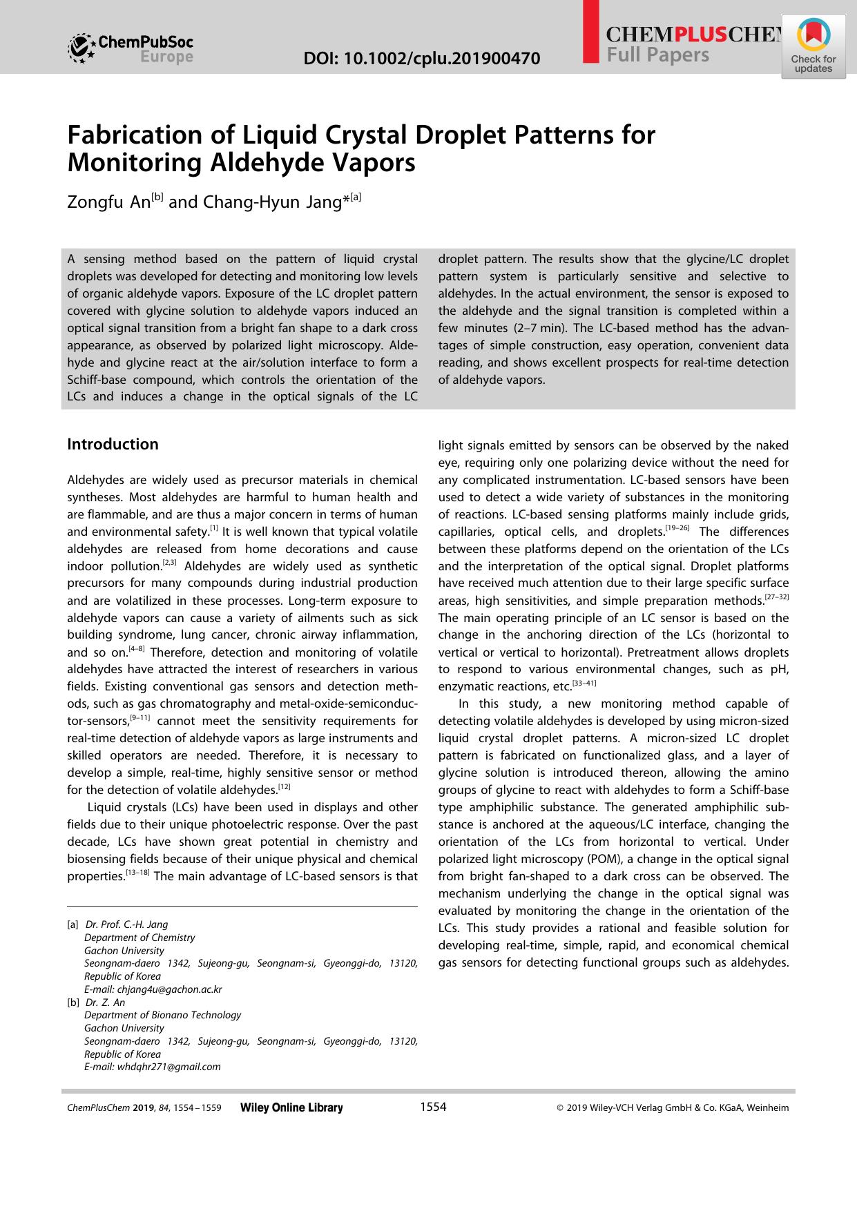 Fabrication of Liquid Crystal Droplet Patterns for Monitoring Aldehyde Vapors by Unknown