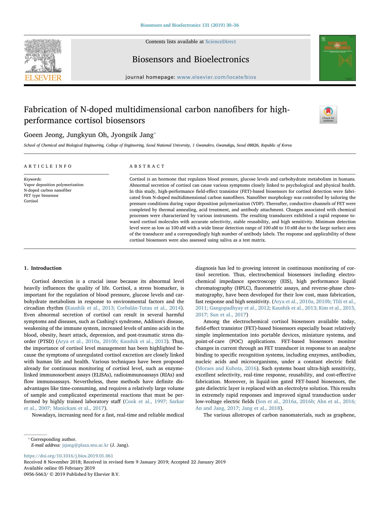 Fabrication of N-doped multidimensional carbon nanofibers for high-performance cortisol biosensors by Goeen Jeong & Jungkyun Oh & Jyongsik Jang