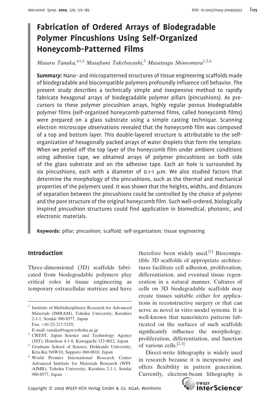 Fabrication of Ordered Arrays of Biodegradable Polymer Pincushions Using Self-Organized Honeycomb-Patterned Films by Unknown