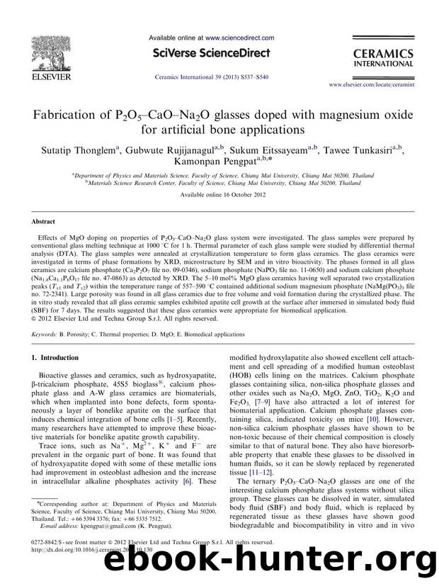Fabrication of P2O5âCaOâNa2O glasses doped with magnesium oxide for artificial bone applications by Sutatip Thonglem & Gubwute Rujijanagul & Sukum Eitssayeam & Tawee Tunkasiri & Kamonpan Pengpat