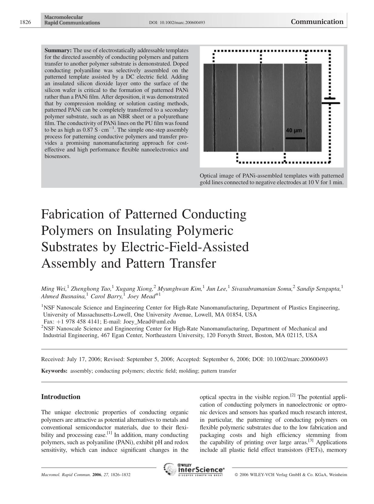 Fabrication of Patterned Conducting Polymers on Insulating Polymeric Substrates by Electric-Field-Assisted Assembly and Pattern Transfer by Unknown