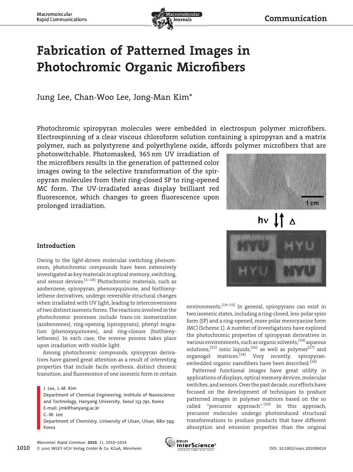 Fabrication of Patterned Images in Photochromic Organic Microfibers by Unknown