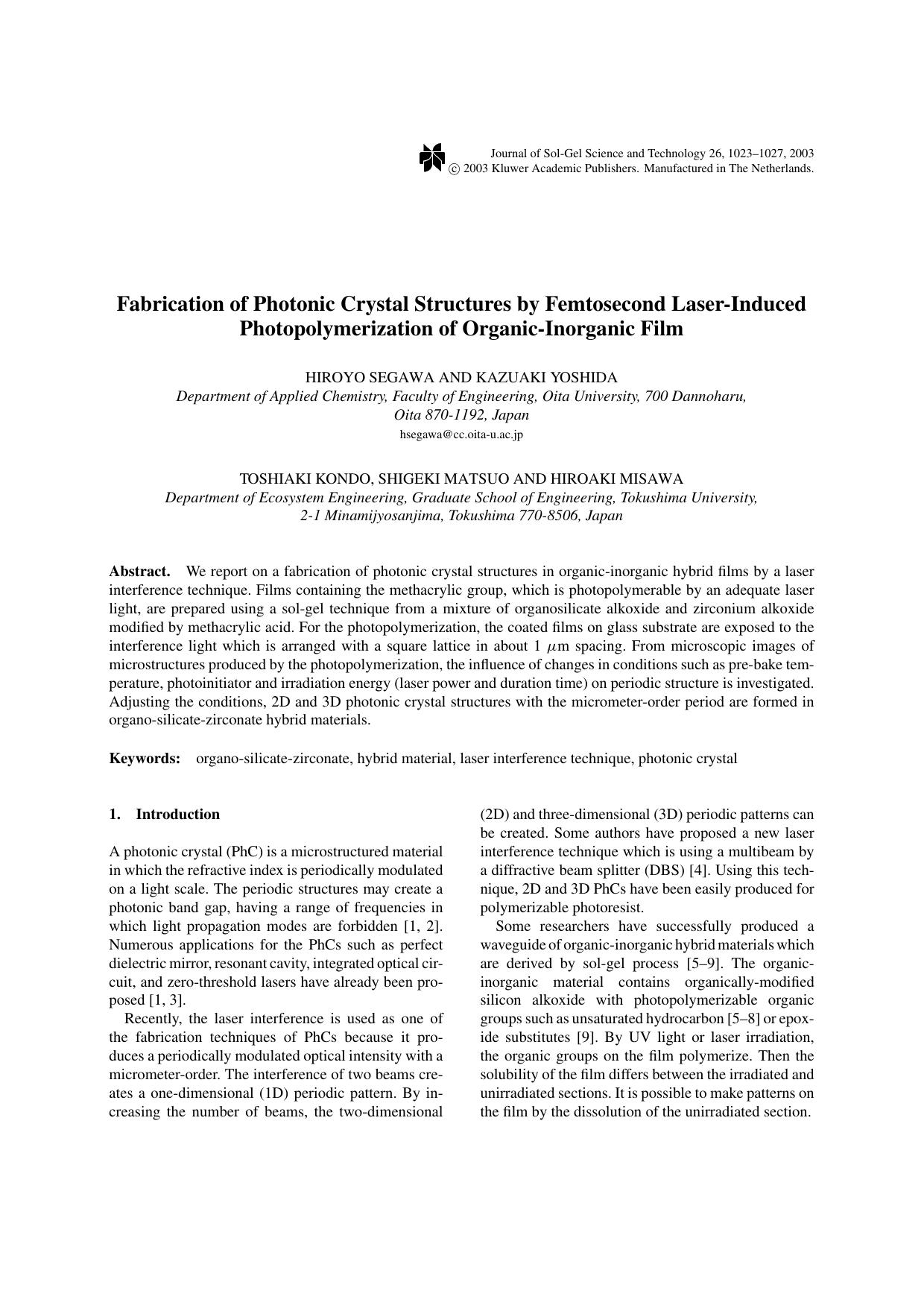 Fabrication of Photonic Crystal Structures by Femtosecond Laser-Induced Photopolymerization of Organic-Inorganic Film by Unknown