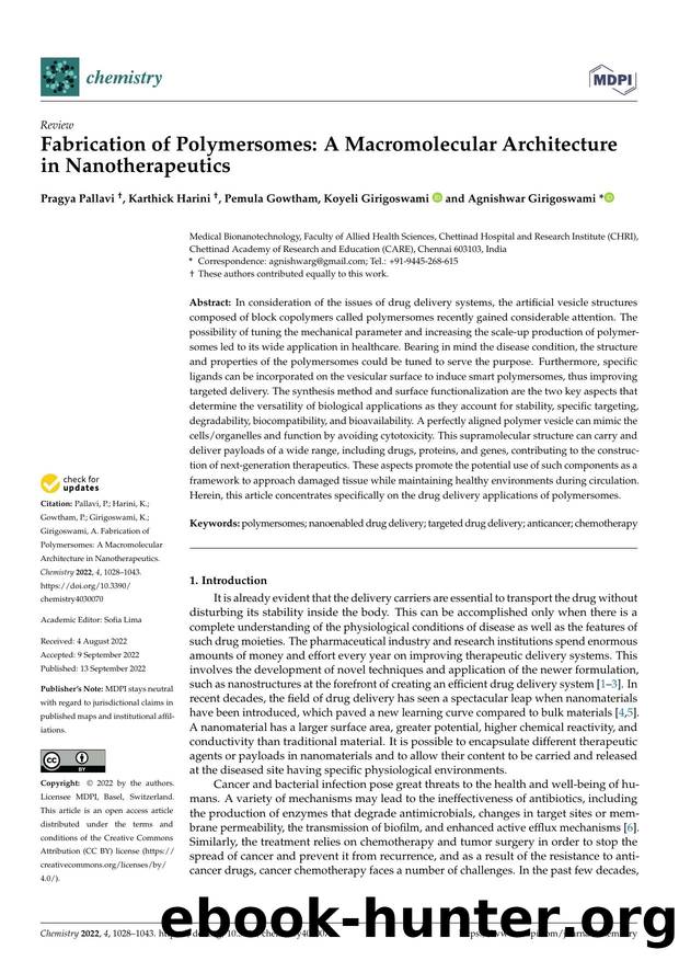 Fabrication of Polymersomes: A Macromolecular Architecture in Nanotherapeutics by Pragya Pallavi Karthick Harini Pemula Gowtham Koyeli Girigoswami & Agnishwar Girigoswami