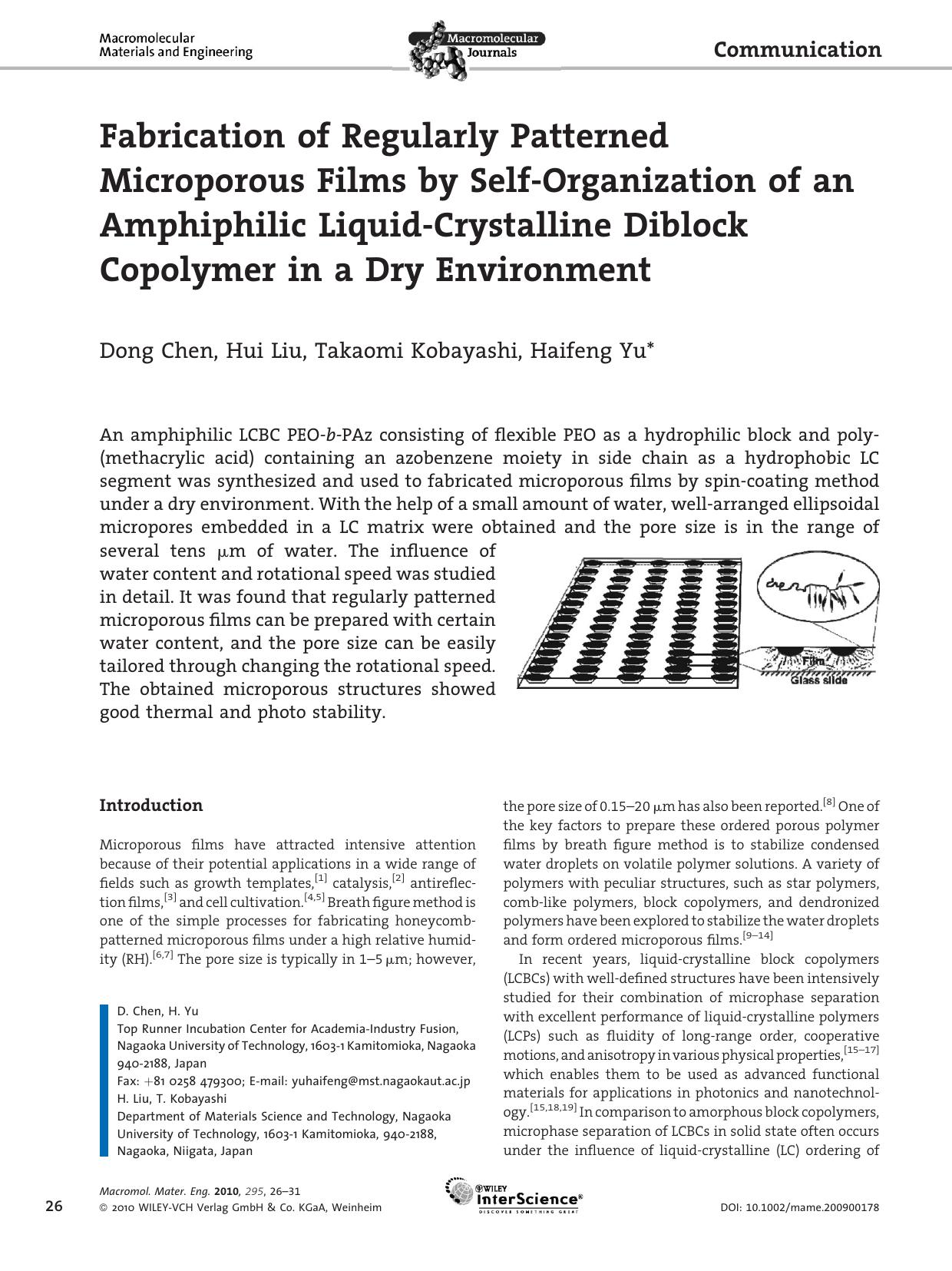 Fabrication of Regularly Patterned Microporous Films by Self-Organization of an Amphiphilic Liquid-Crystalline Diblock Copolymer in a Dry Environment by Unknown