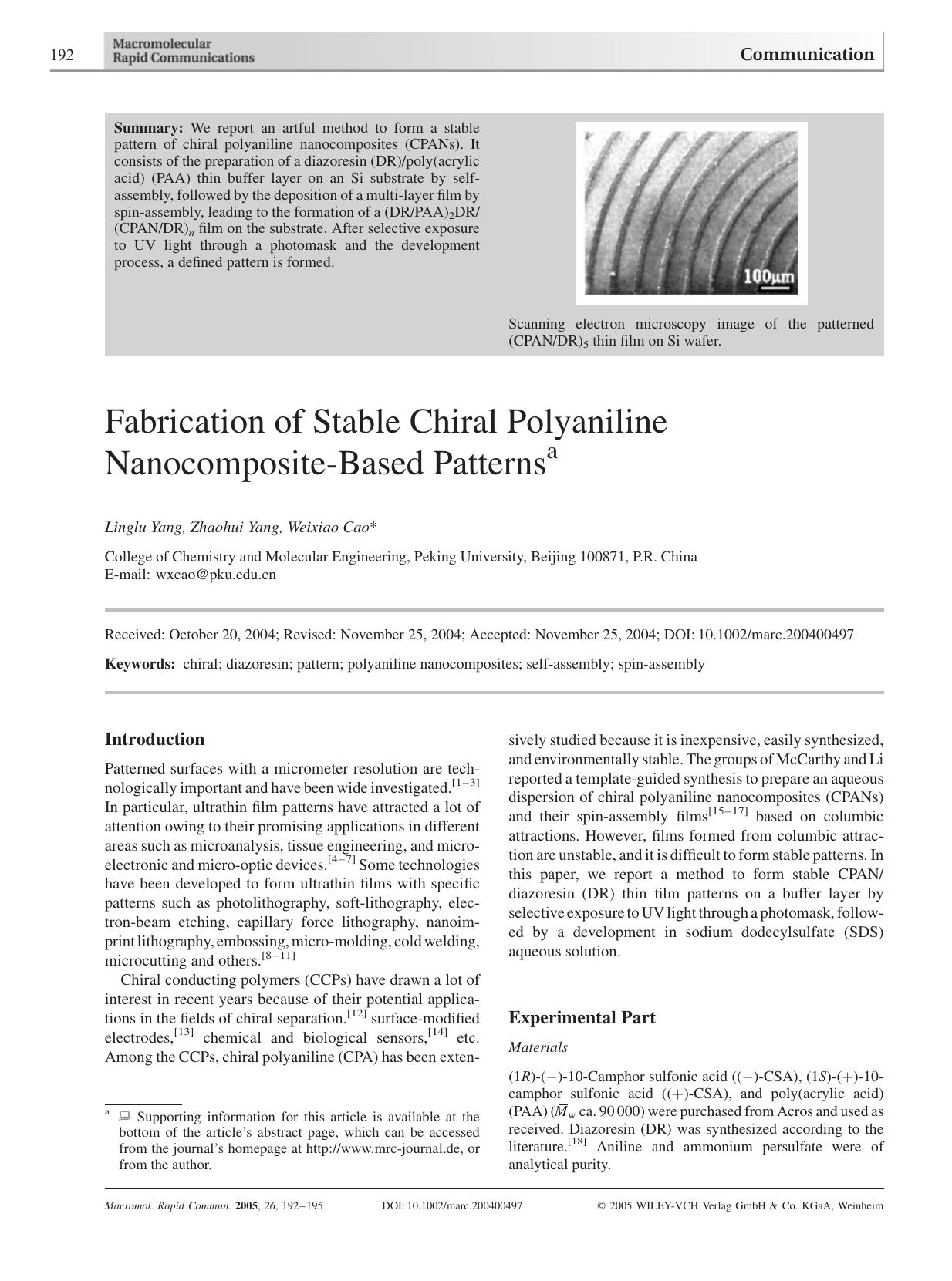 Fabrication of Stable Chiral Polyaniline Nanocomposite-Based Patterns by Unknown