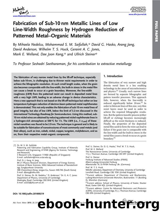 Fabrication of Sub-10[thinsp]nm Metallic Lines of Low Line-Width Roughness by Hydrogen Reduction of Patterned Metal-Organic Materials by Unknown