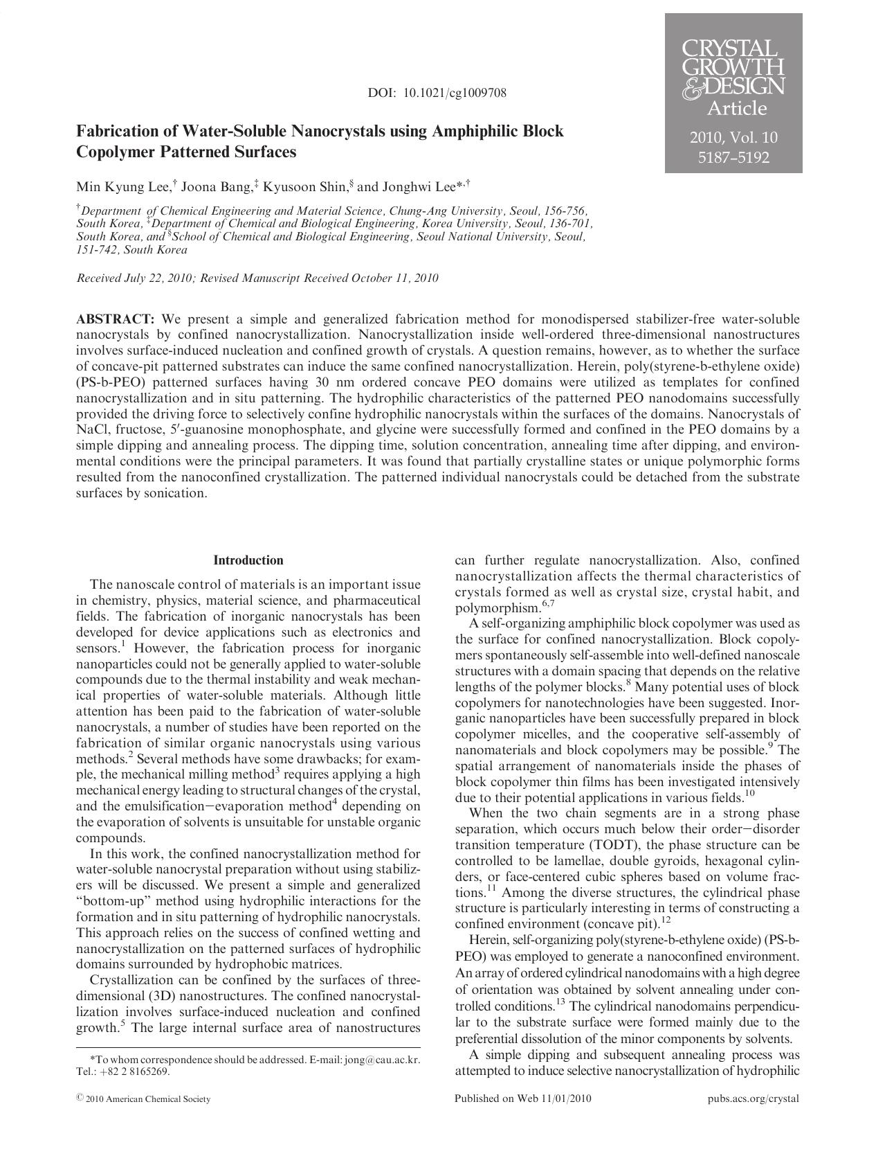 Fabrication of Water-Soluble Nanocrystals using Amphiphilic Block Copolymer Patterned Surfaces by Unknown
