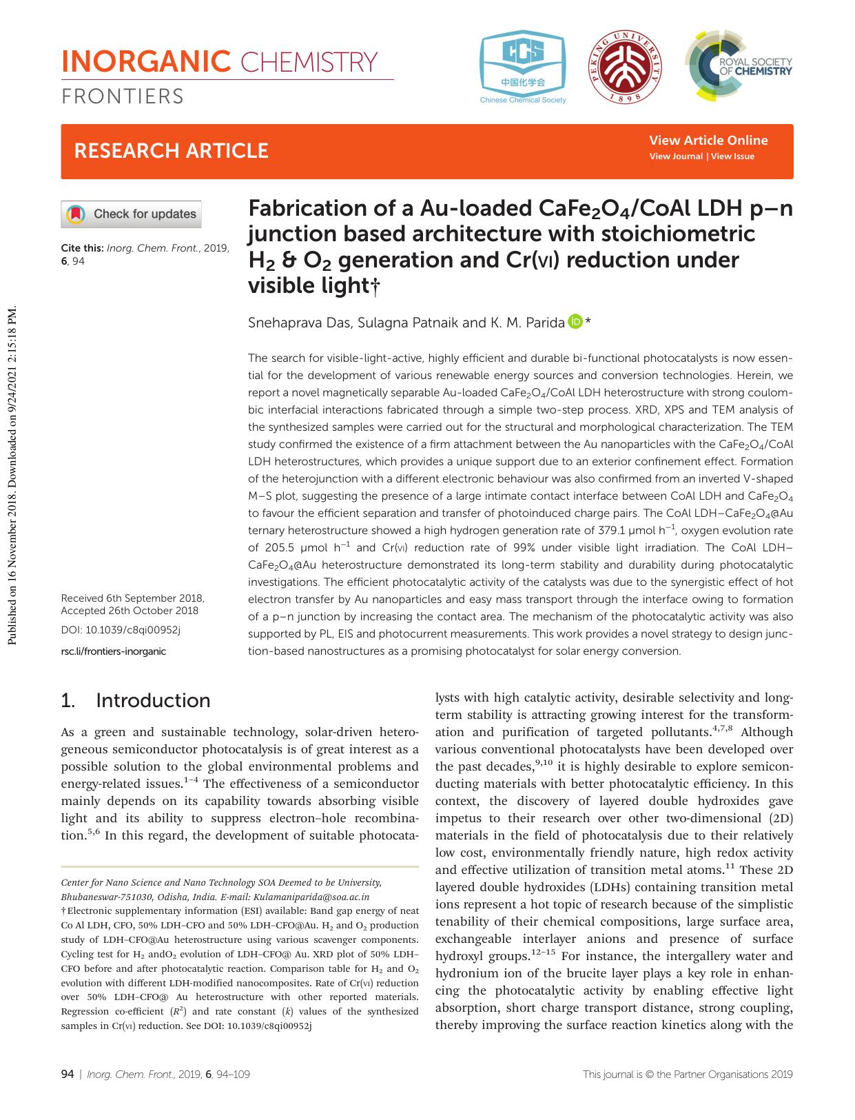 Fabrication of a Au-loaded CaFe2O4CoAl LDH pân junction based architecture with stoichiometric H2 & O2 generation and Cr(VI) reduction under visible light by Snehaprava Das Sulagna Patnaik K. M. Parida