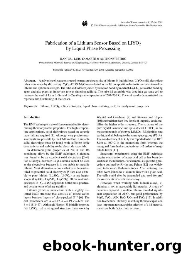 Fabrication of a Lithium Sensor Based on LiYO<Subscript>2<Subscript> by Liquid Phase Processing by Unknown