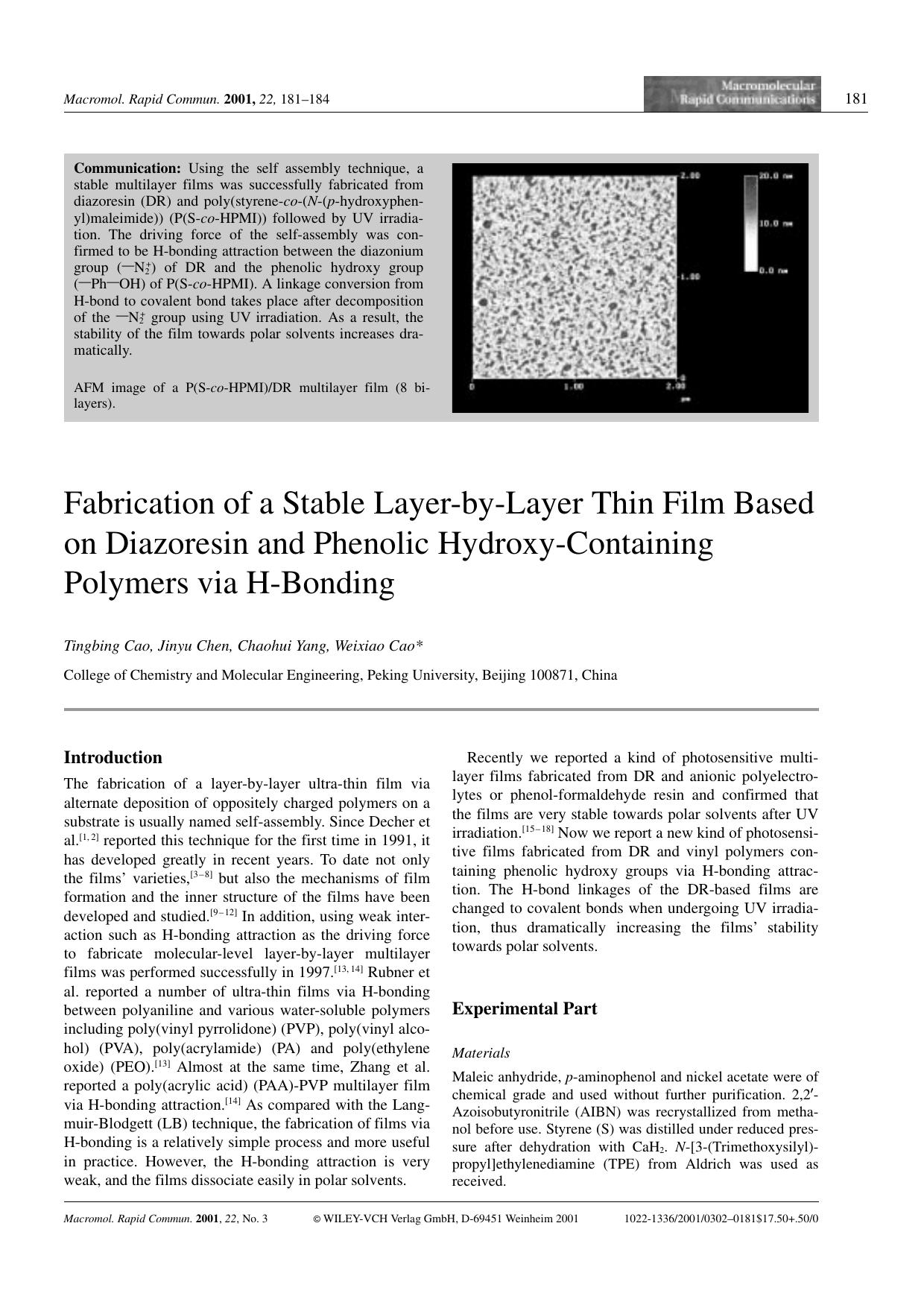 Fabrication of a Stable Layer-by-Layer Thin Film Based on Diazoresin and Phenolic Hydroxy-Containing Polymers via H-Bonding by Unknown