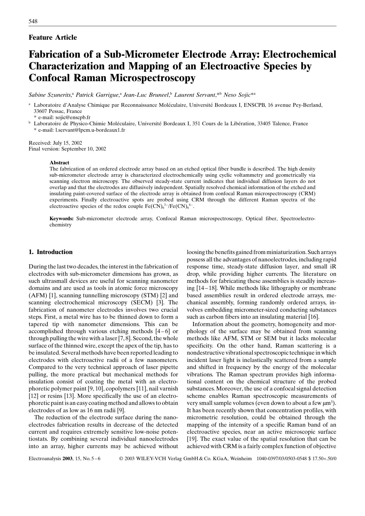 Fabrication of a Sub-Micrometer Electrode Array: Electrochemical Characterization and Mapping of an Electroactive Species by Confocal Raman Microspectroscopy by Unknown