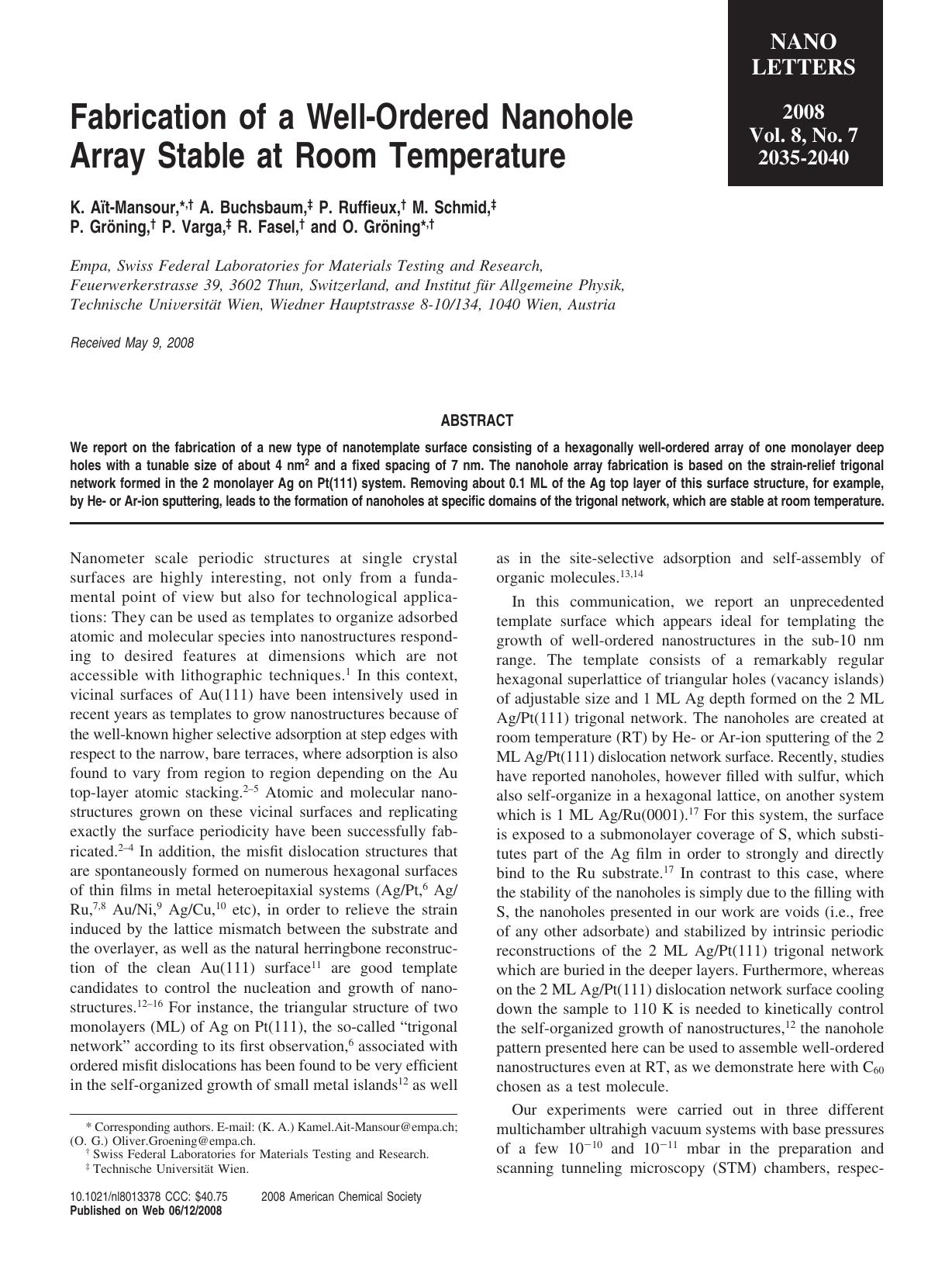 Fabrication of a Well-Ordered Nanohole Array Stable at Room Temperature by Unknown