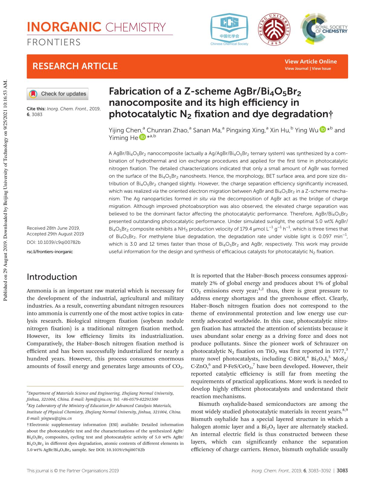 Fabrication of a Z-scheme AgBrBi4O5Br2 nanocomposite and its high efficiency in photocatalytic N2 fixation and dye degradation by Yijing Chen Chunran Zhao Sanan Ma Pingxing Xing Xin Hu Ying Wu Yiming He