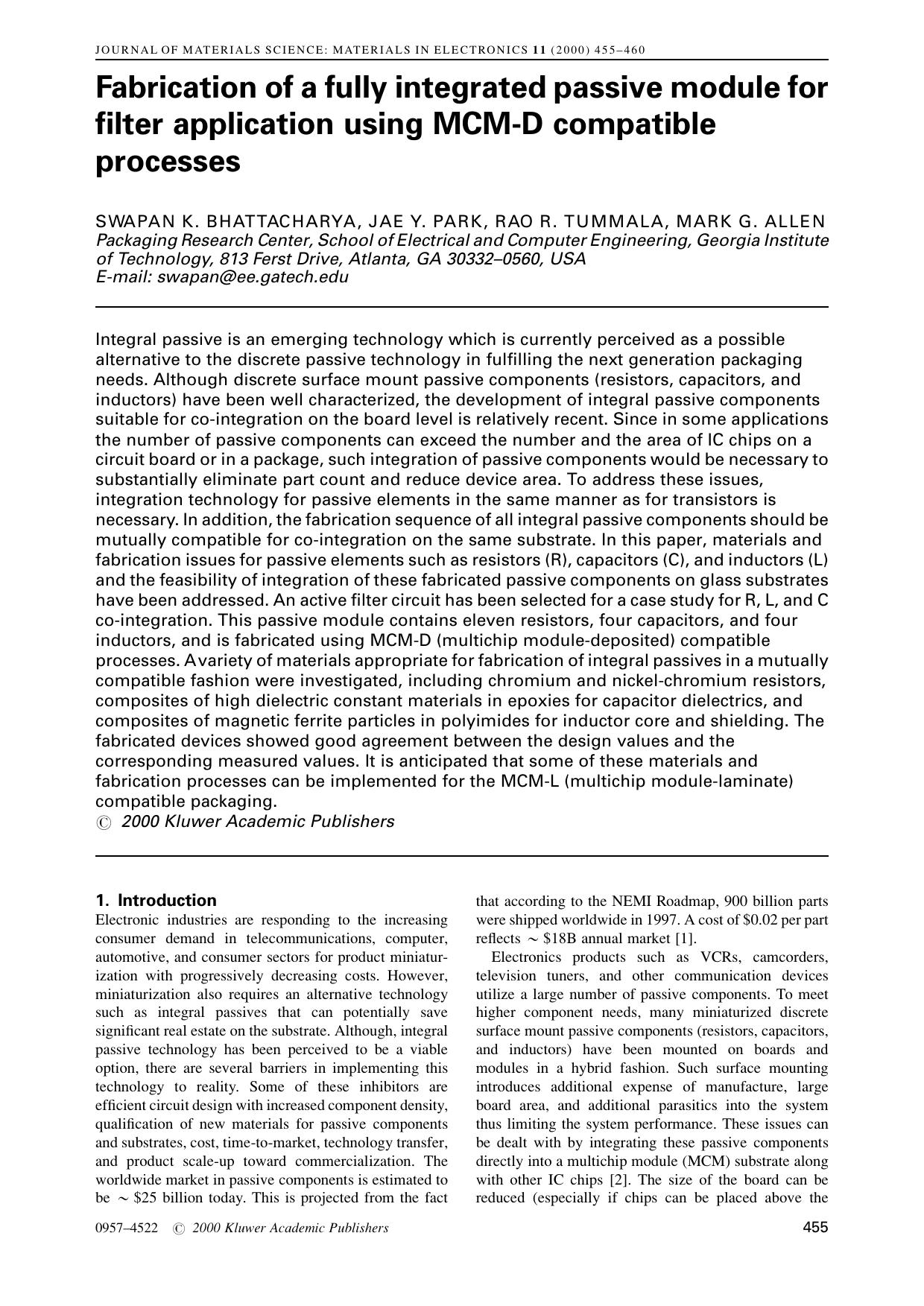 Fabrication of a fully integrated passive module for filter application using MCM-D compatible processes by Unknown