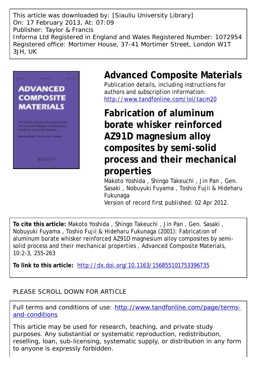 Fabrication of aluminum borate whisker reinforced AZ91D magnesium alloy composites by semi-solid process and their mechanical properties by unknow