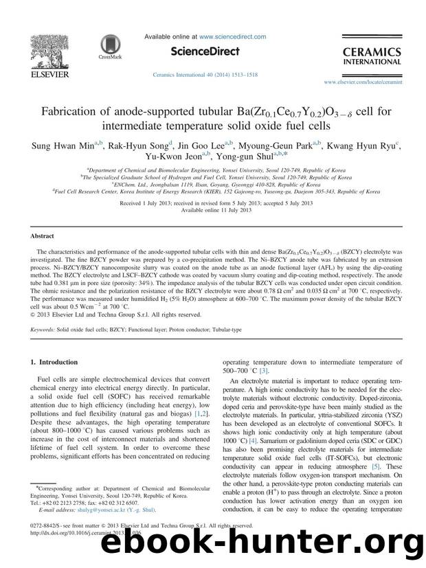 Fabrication of anode-supported tubular Ba(Zr0.1Ce0.7Y0.2)O3âÎ´ cell for intermediate temperature solid oxide fuel cells by unknow