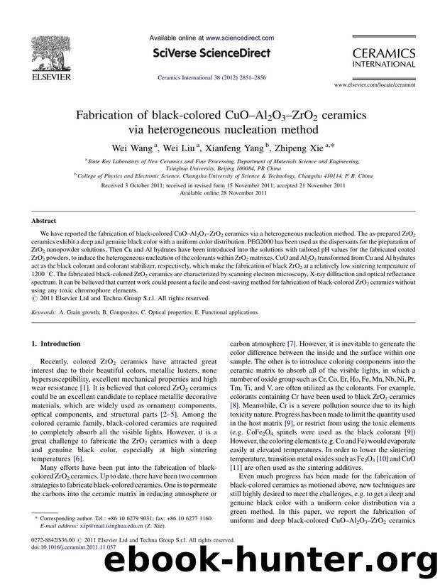 Fabrication of black-colored CuOâAl2O3âZrO2 ceramics via heterogeneous nucleation method by Wei Wang