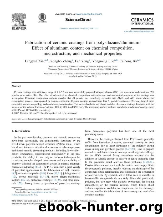 Fabrication of ceramic coatings from polysilazanealuminum_ Effect of aluminum content on chemical composition, microstructure, and mechanical properties by Fengyan Xiao & Zongbo Zhang & Fan Zeng & Yongming Luo & Caihong Xu