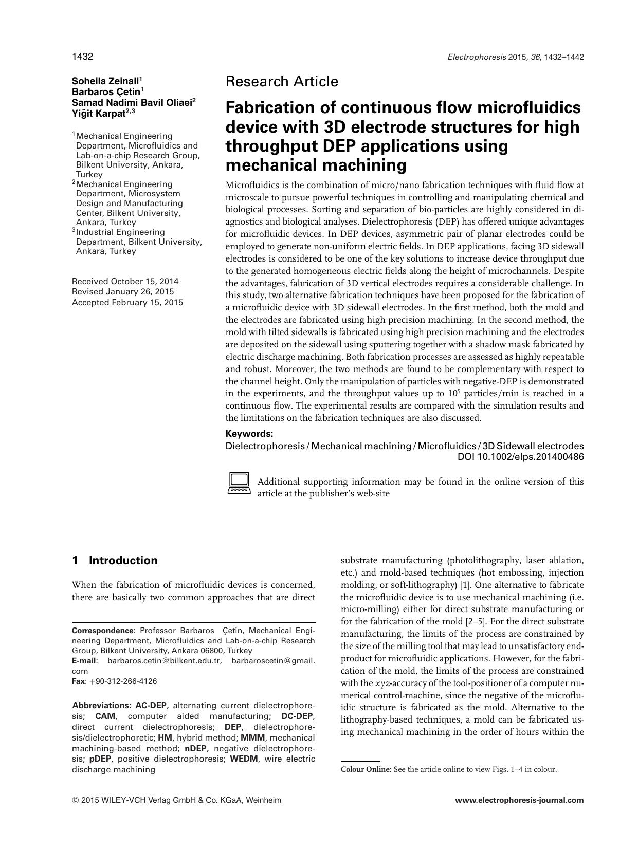 Fabrication of continuous flow microfluidics device with 3D electrode structures for high throughput DEP applications using mechanical machining by Unknown